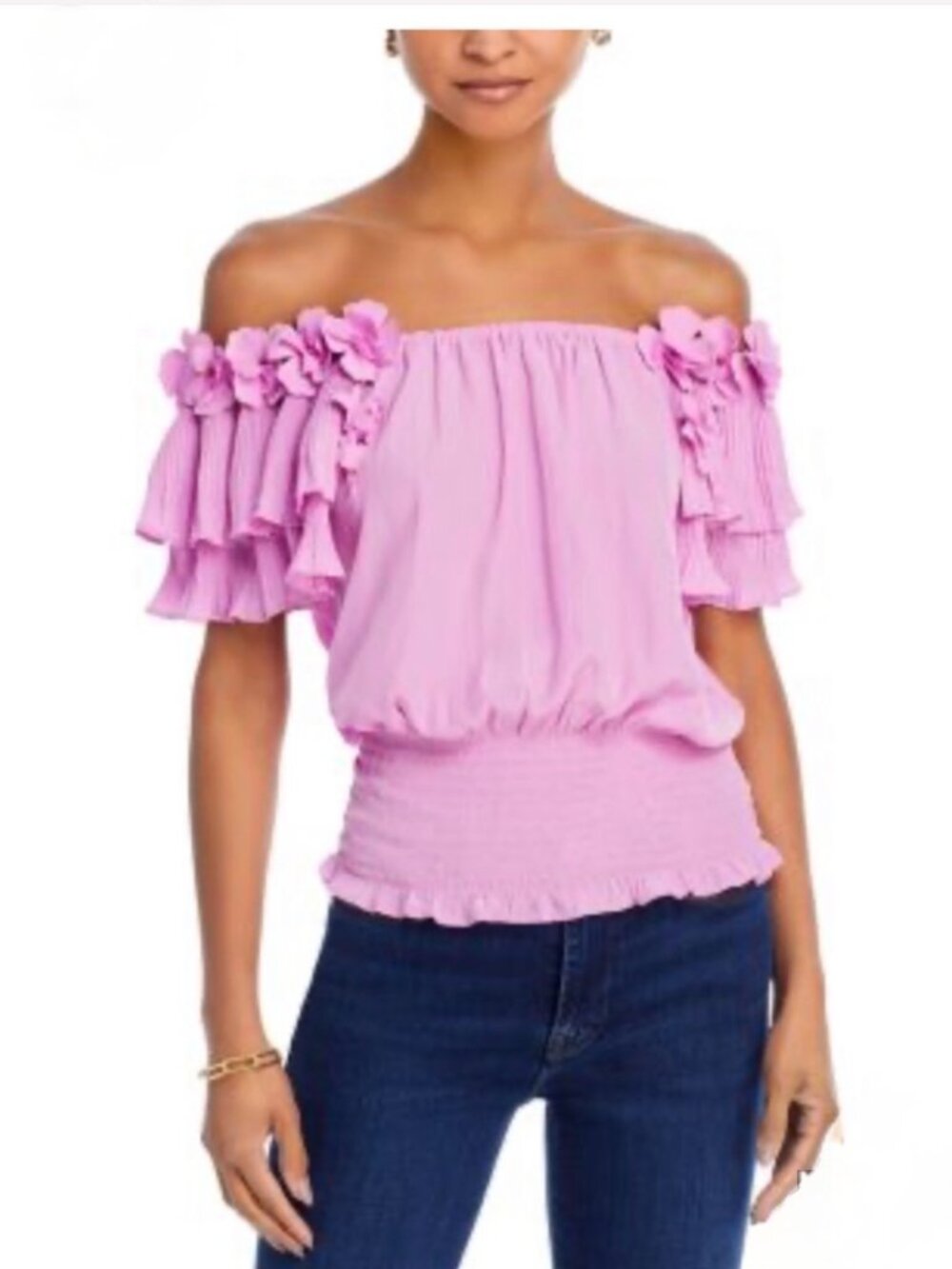 Ramy Brook Braelynn Off-The-Shoulder Floral Appliqué Top Pink Orchid M